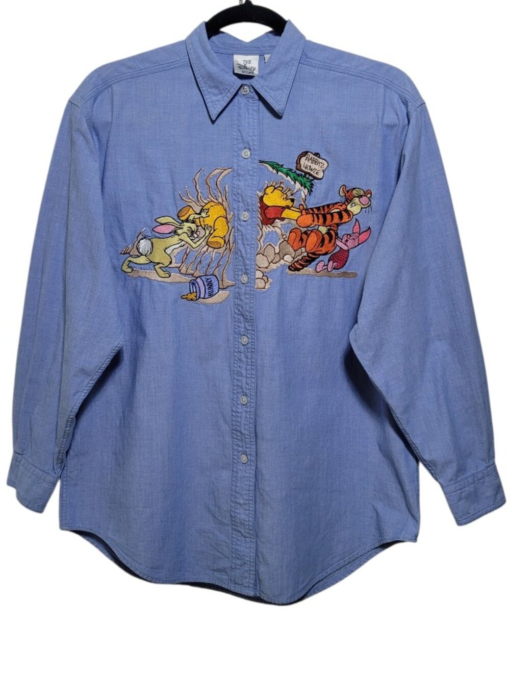 Vintage 90s Disney Store Winnie the Pooh Embroidered Denim Shirt Blue Button Up